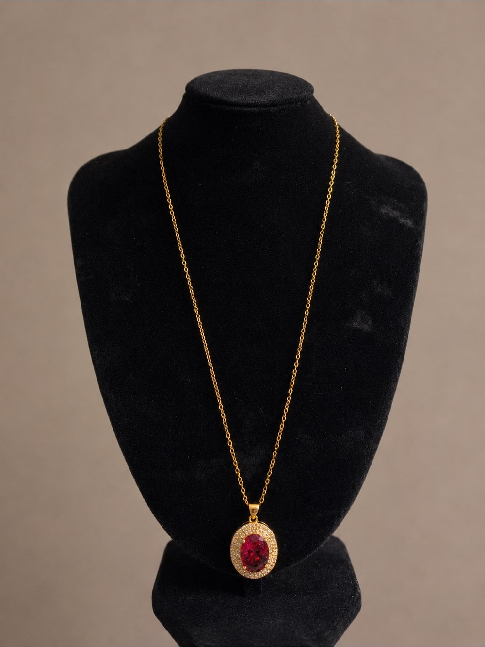 Gold Pendant Necklace with Red Gemstone - Elegant Women's Costume Jewelry